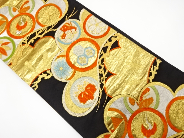 アンティーク　松に鶴・蝶・花丸模様織り出し袋帯（着用可）